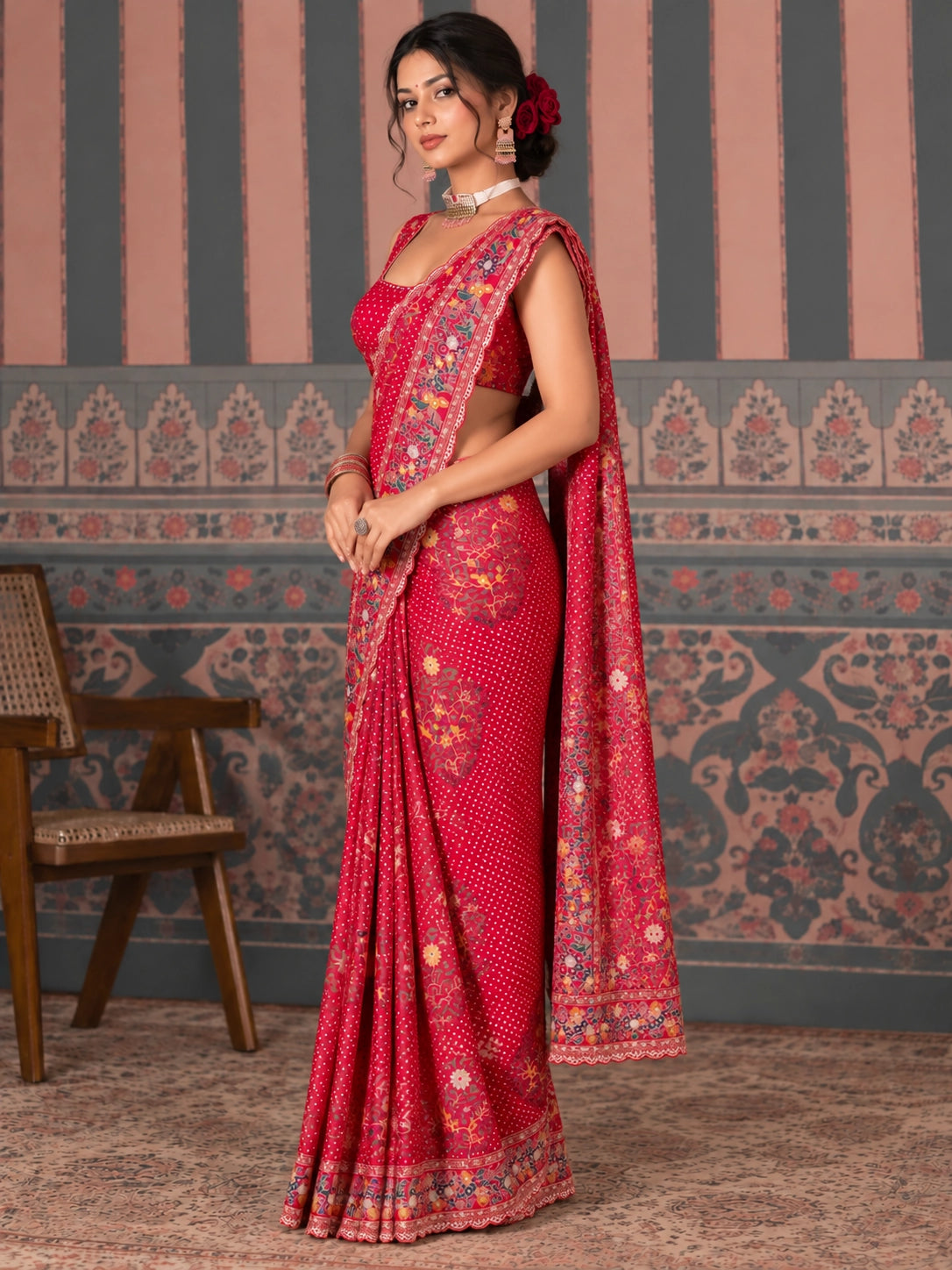 Woman in a vibrant red  saree with intricate floral embroidery and polka dot pattern.