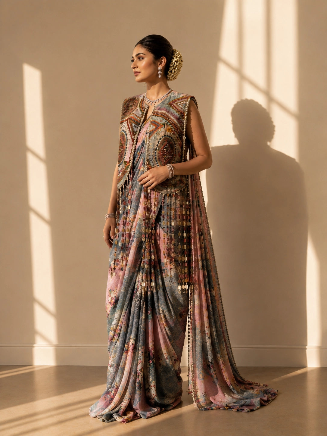 Woman in a peach and blue floral saree with an ornate patterned jacket.
