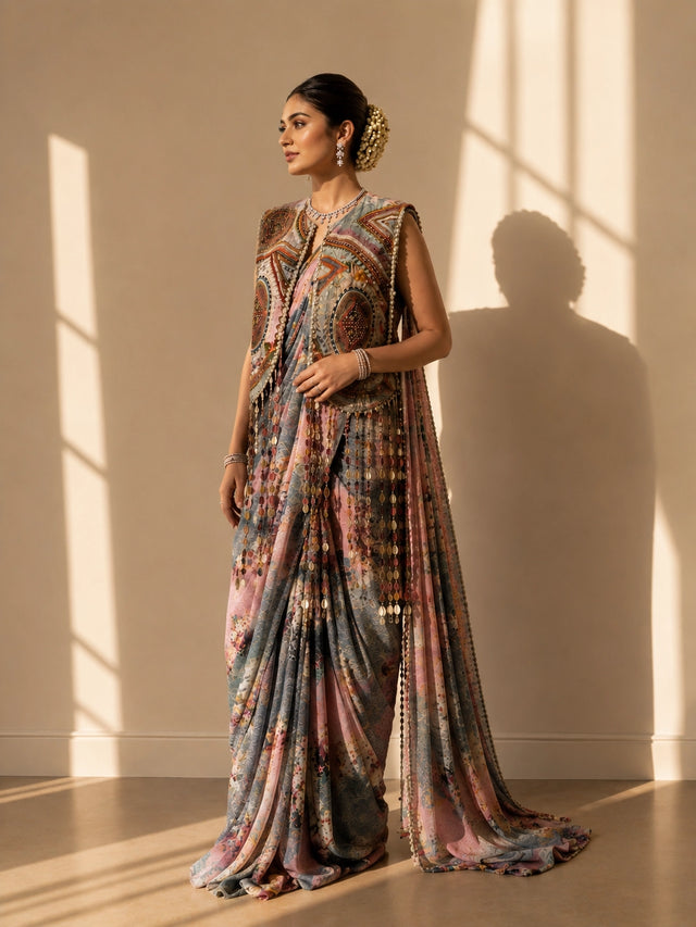 Woman in a peach and blue floral saree with an ornate patterned jacket.