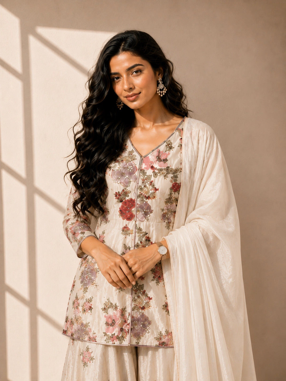 Woman in elegant cream floral embroidered kurti set with sharara and dupatta.