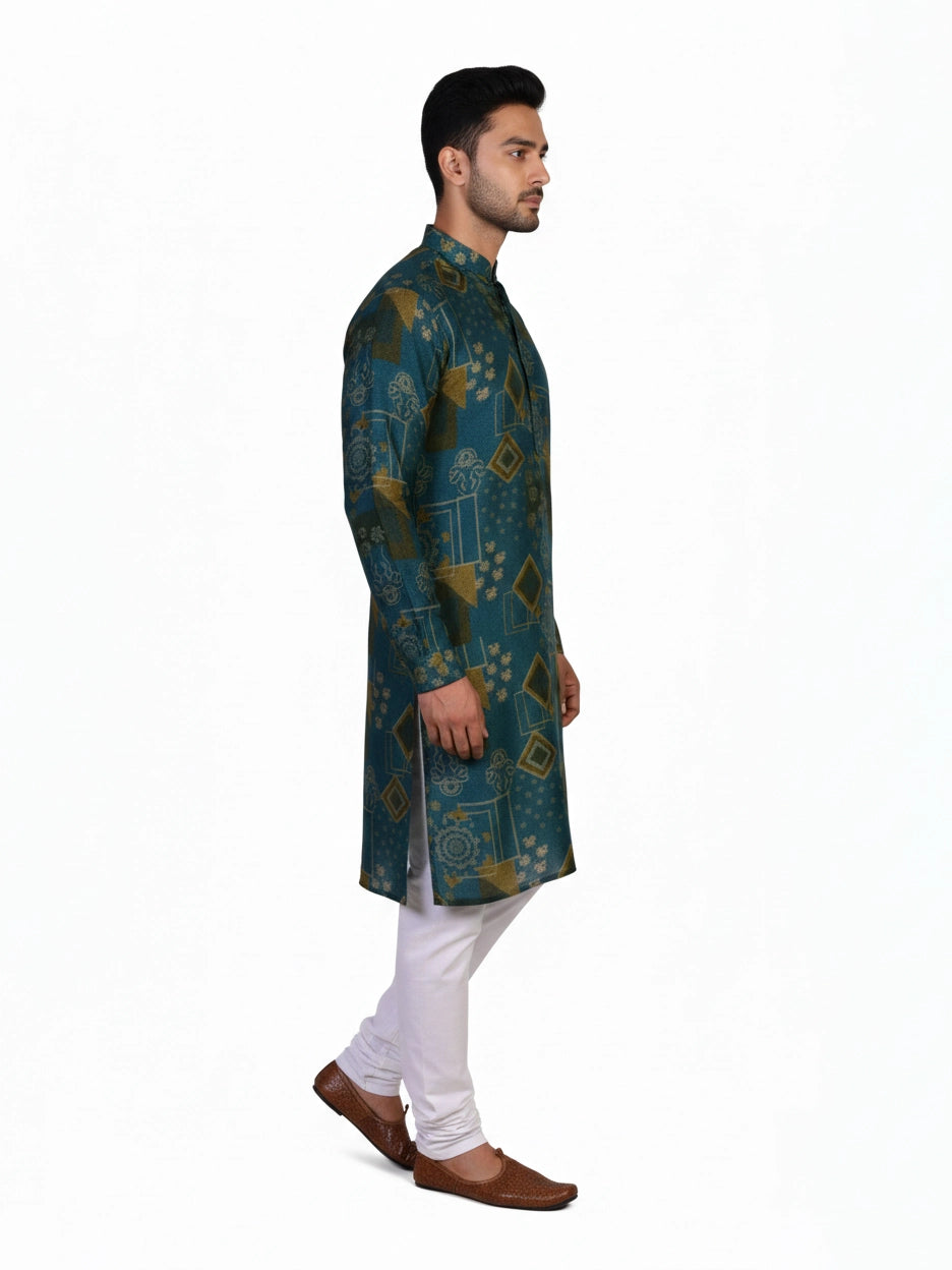 Man wearing a teal kurta with a multi-color geometric print and white pants, standing against a white background.