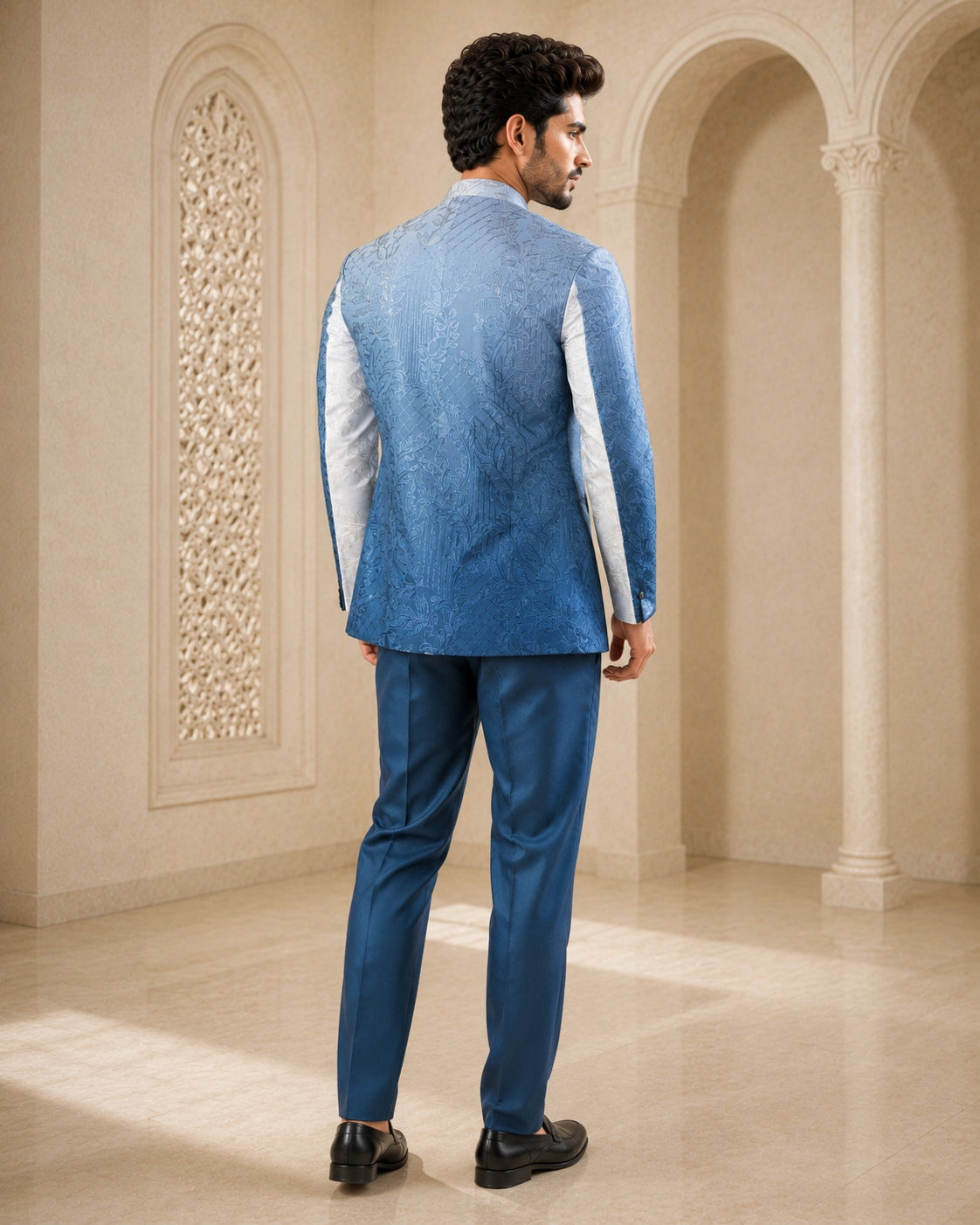 A woman wearing an elegant teal Indowestern outfit, showcasing intricate details and a flattering silhouette.