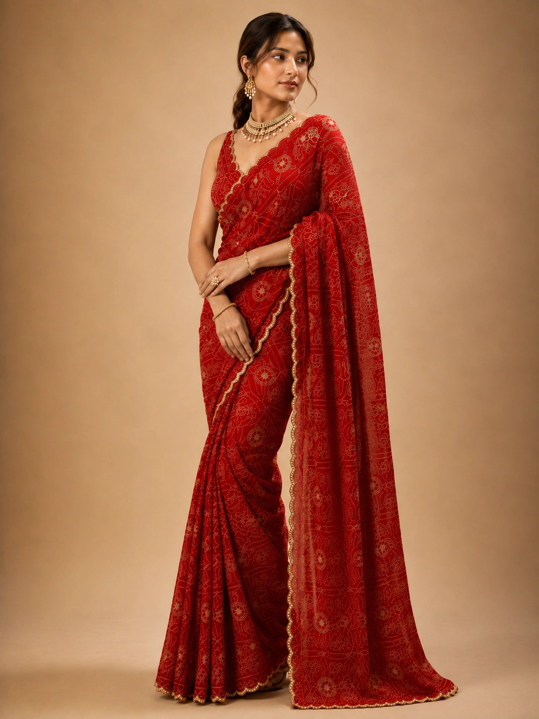 Woman in a vibrant red Bandhani saree with gold patterns and a matching blouse.