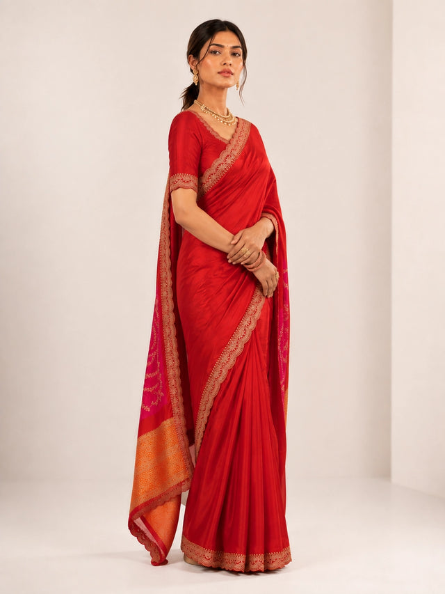 Woman wearing a luxurious red saree with golden embroidered borders and a vibrant pallu.