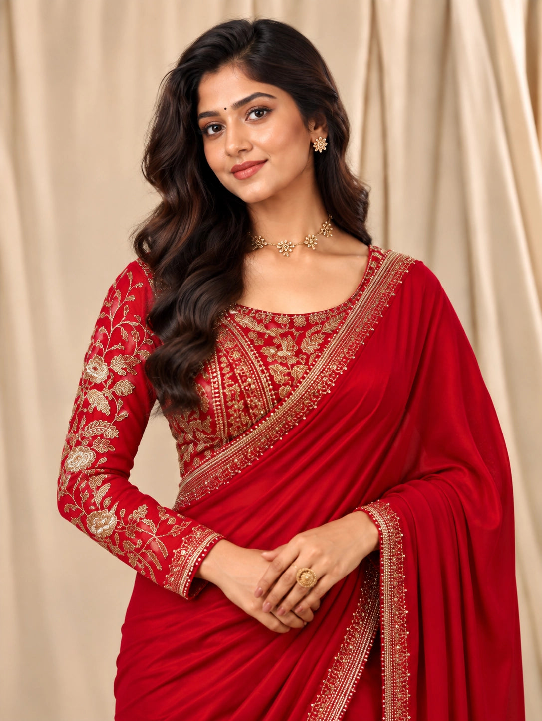Elegant woman in a Rani red  saree with intricate gold embroidered blouse.