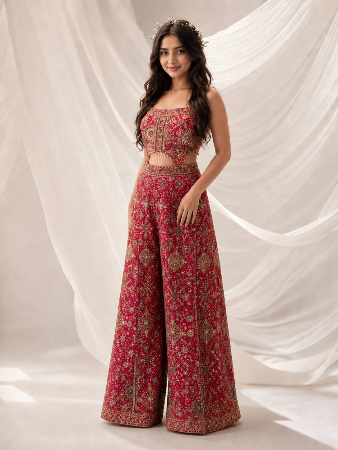 Woman in a heavily embroidered RANI strapless crop top and wide-leg palazzo pants.