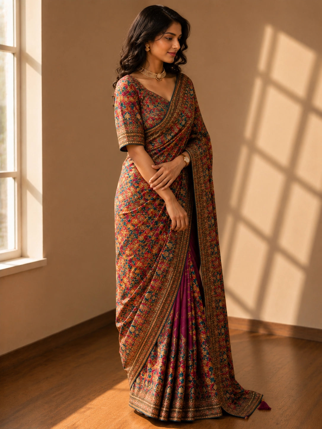 Woman in a luxurious purple S3 embroidered saree with intricate floral patterns.