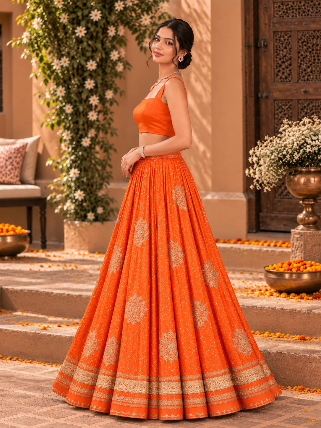 Woman wearing a vibrant rust orange embroidered lehenga choli set with a matching dupatta.