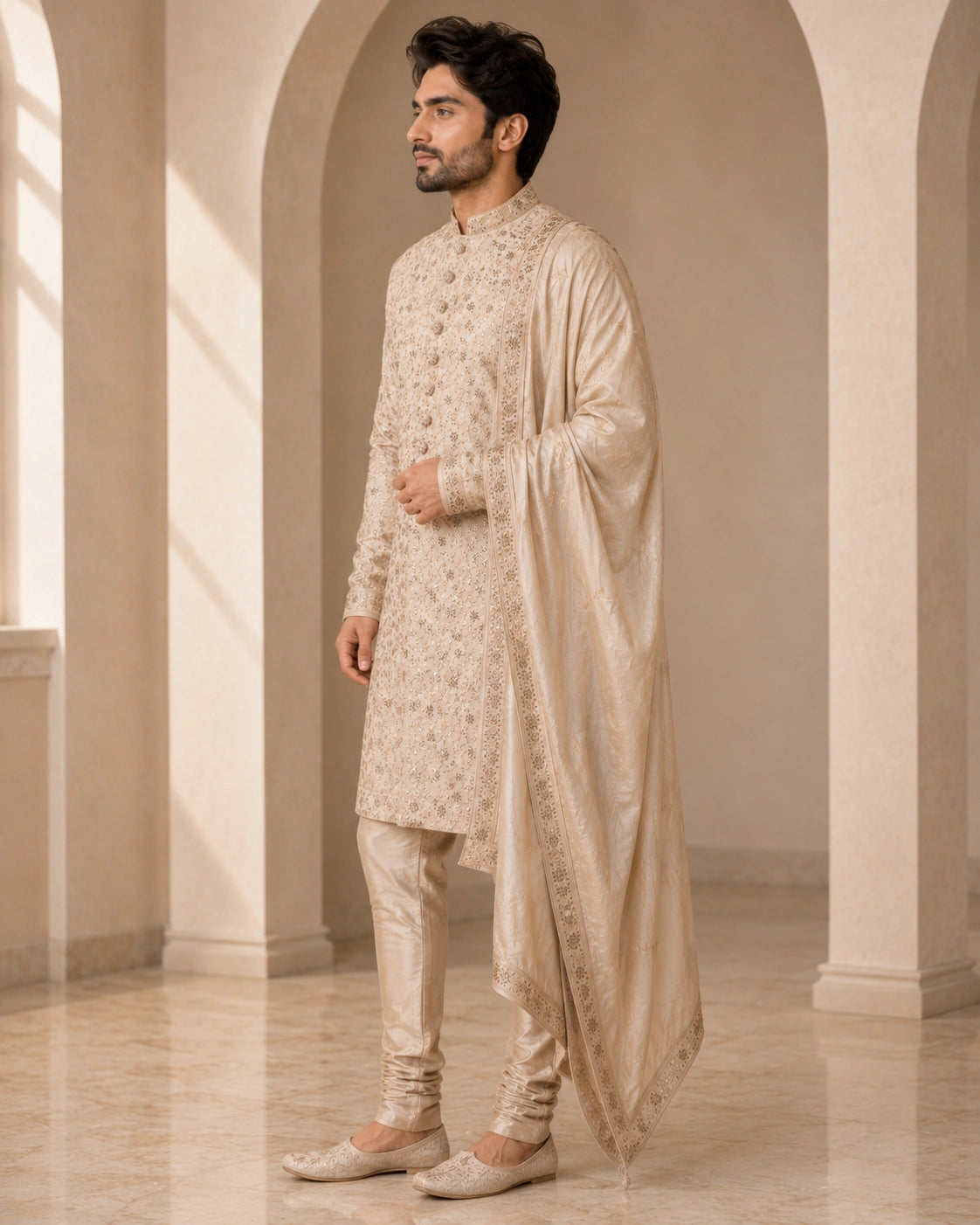 Elegant rose pink embroidered sherwani for men, perfect for weddings and festive occasions.