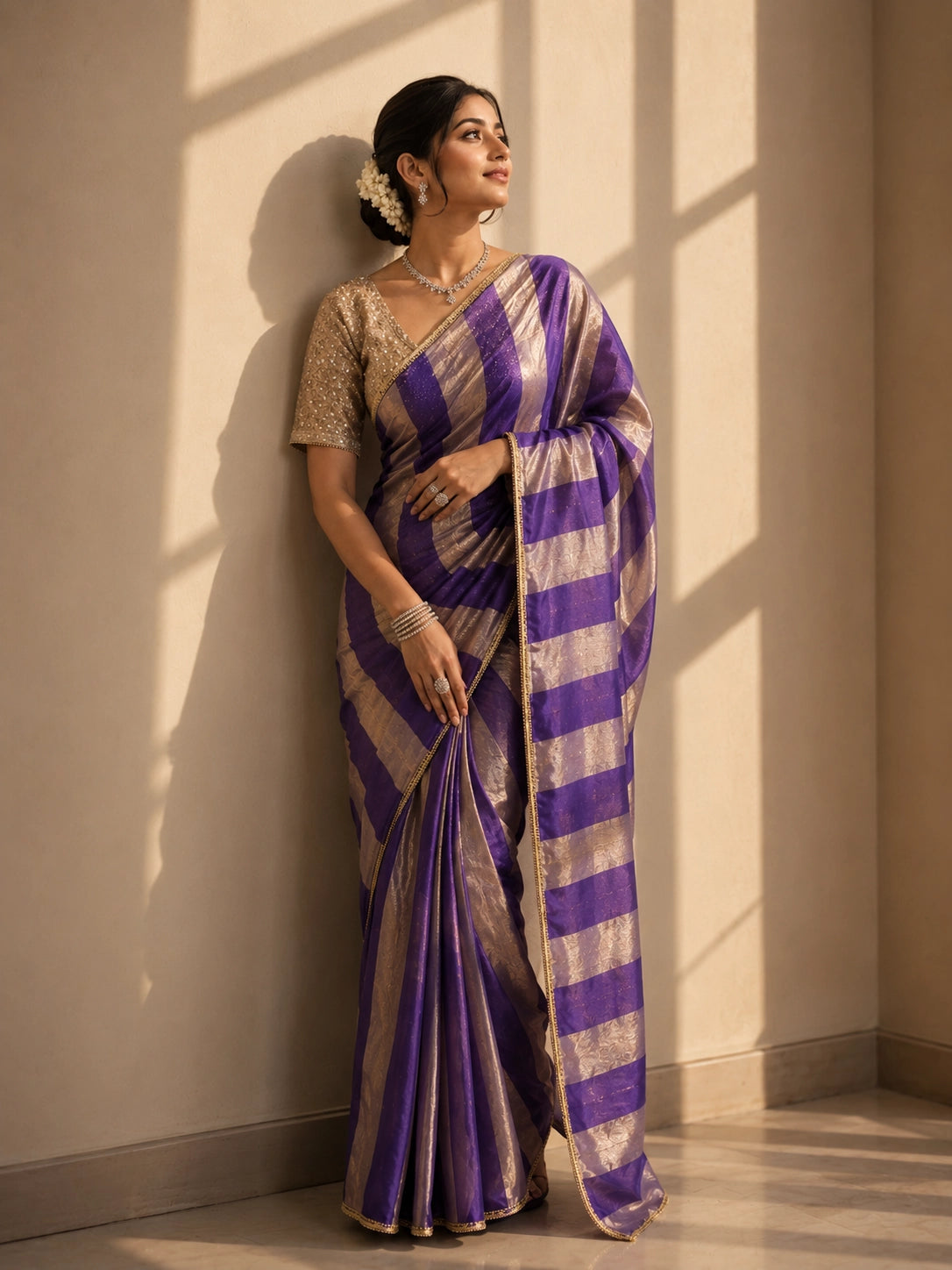Woman in a luxurious purple and gold striped saree with an embellished golden blouse.