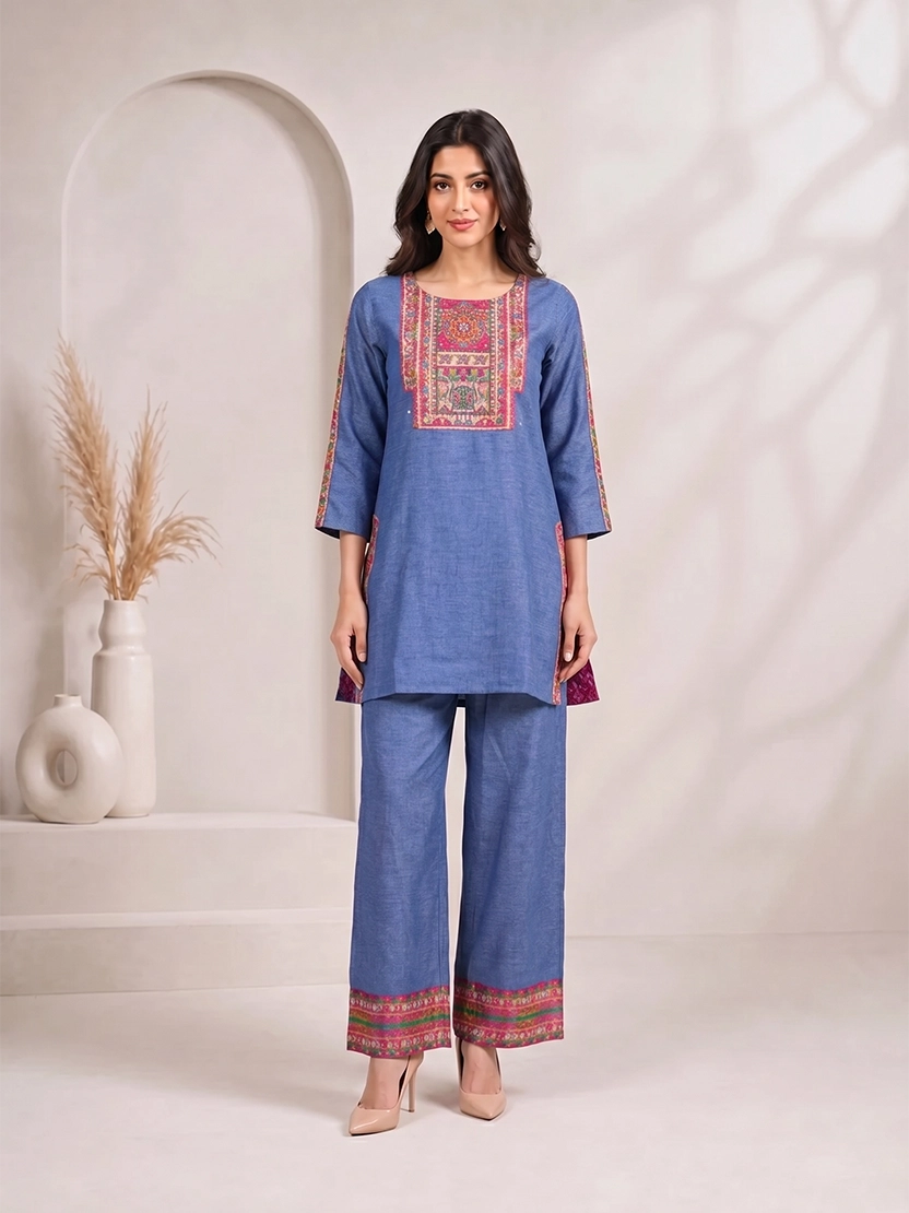 Woman wearing a blue embroidered kurta and matching wide-leg pants with a geometric border, styled with nude heels.