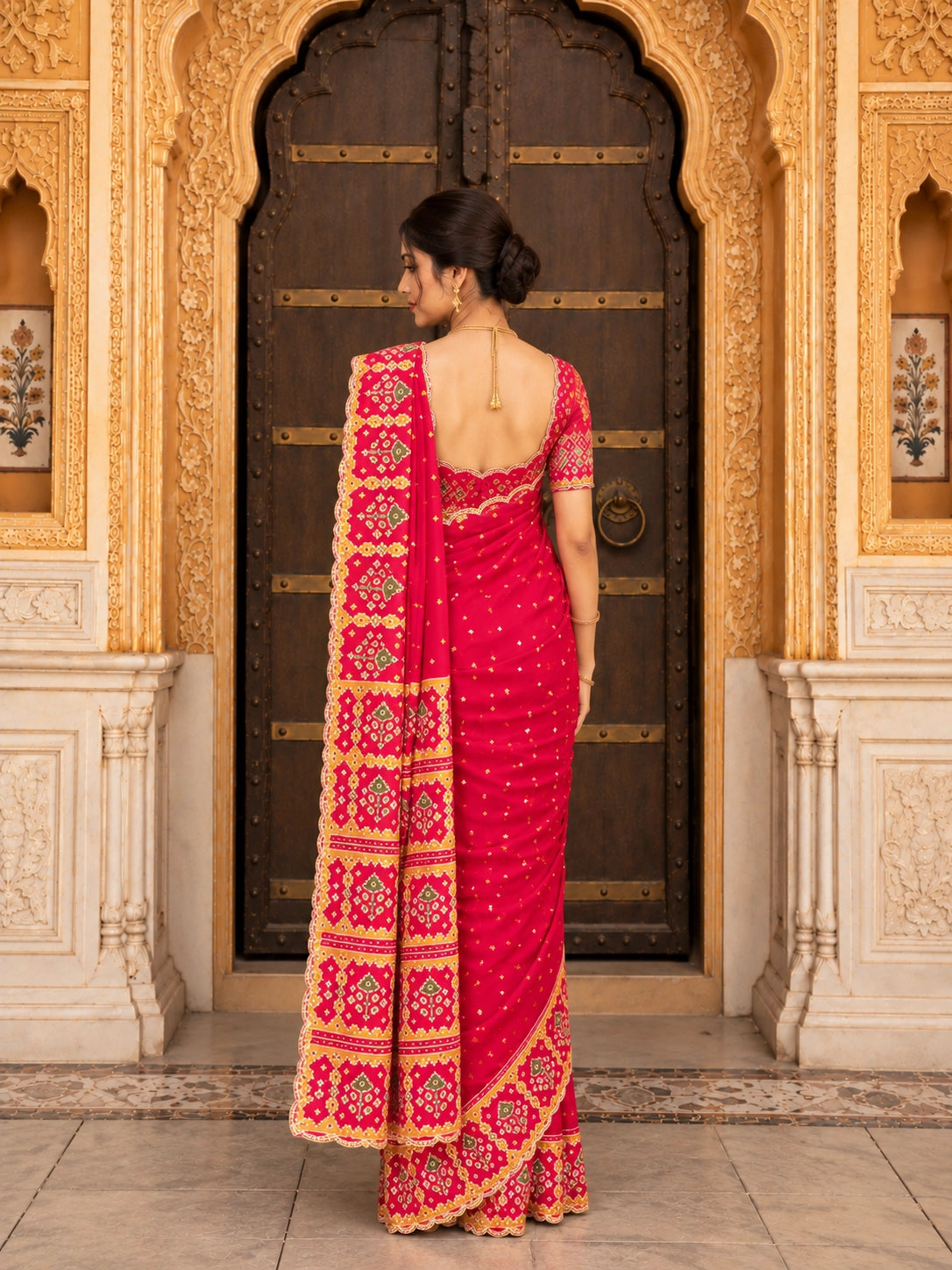 Woman in a vibrant red  saree with golden embroidery sitting on steps.