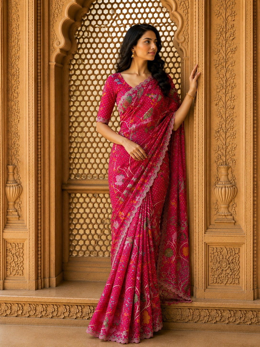 Woman in a vibrant rani pink floral saree with intricate patterns and scalloped border.