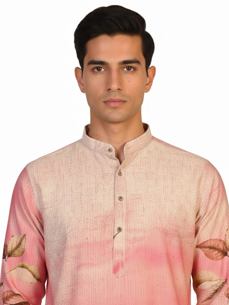 Men's multi-color Kurta Pajama with a floral print, band collar, and long sleeves, paired with cream pants.