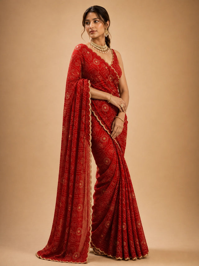 Woman in a vibrant red Bandhani saree with gold patterns and a matching blouse.