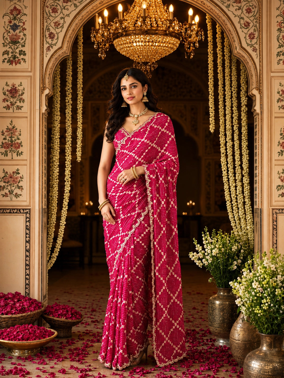 Woman in a vibrant RANI  bandhani saree with a delicate scalloped border.