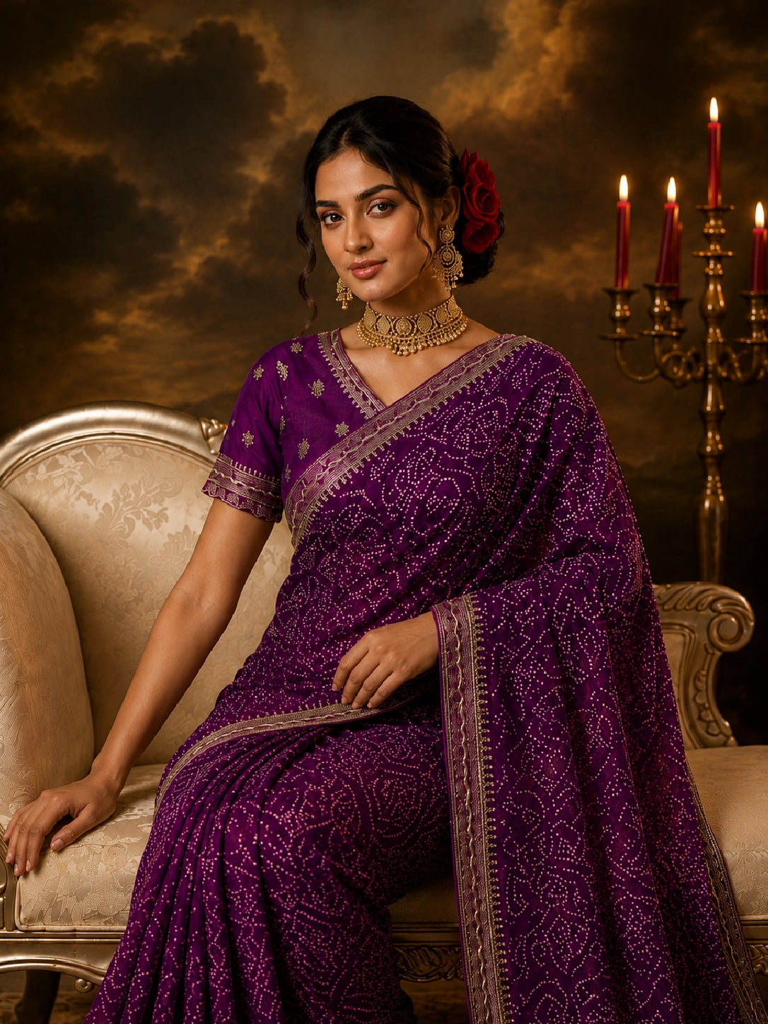 Woman in a vibrant purple Bandhani saree with gold borders and a matching embroidered blouse.
