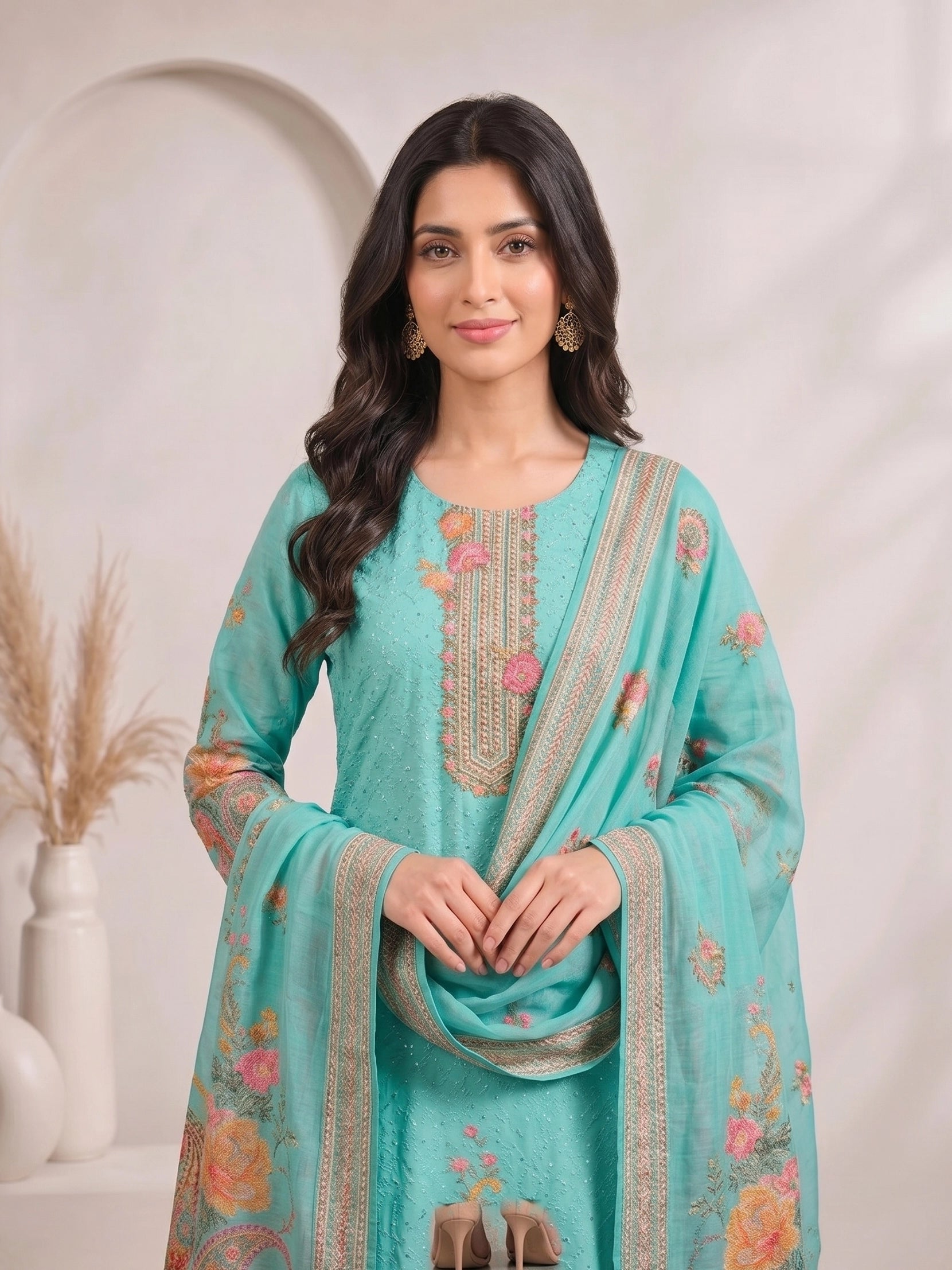 Woman wearing a teal kurti set with floral prints and matching palazzo pants, draped with a dupatta.
