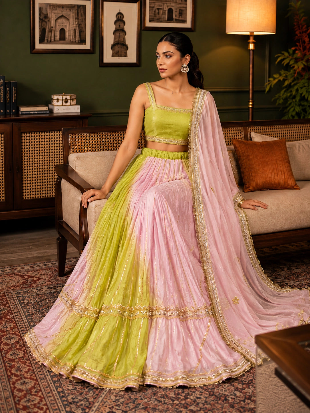 Elegant woman wearing a pink and green  lehenga choli with gold embroidery.