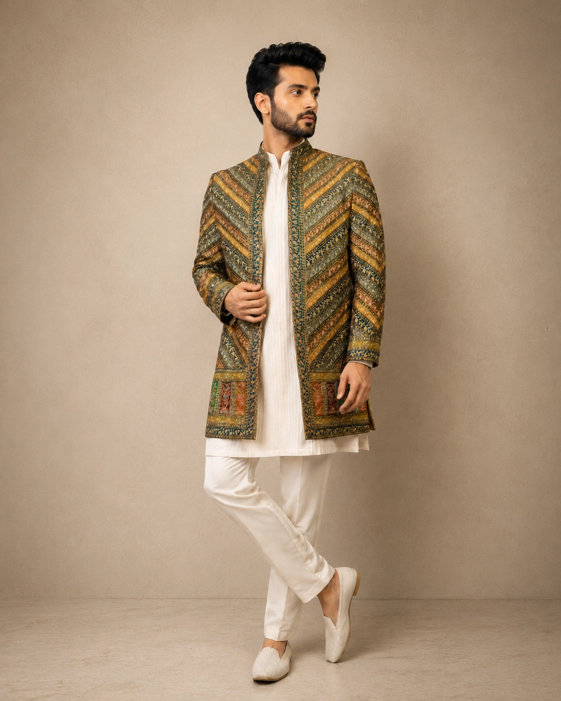 Elegant M.Green Indowestern ensemble featuring intricate details, perfect for festive celebrations.