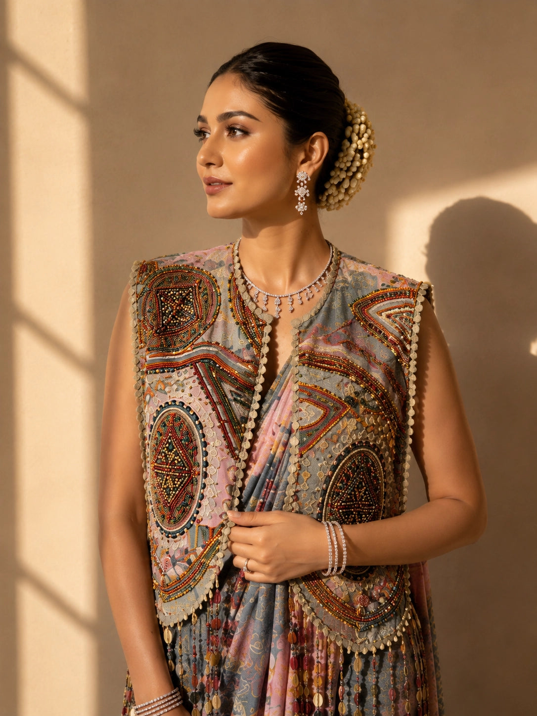 Woman in a peach and blue floral saree with an ornate patterned jacket.