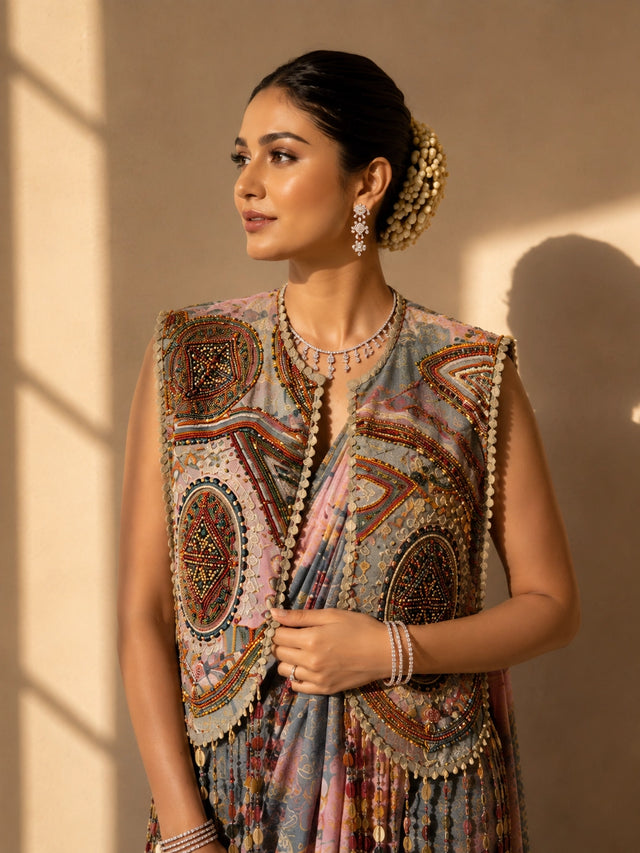 Woman in a peach and blue floral saree with an ornate patterned jacket.