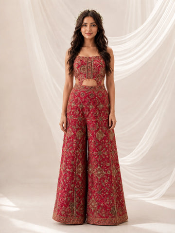 Woman in a heavily embroidered RANI strapless crop top and wide-leg palazzo pants.