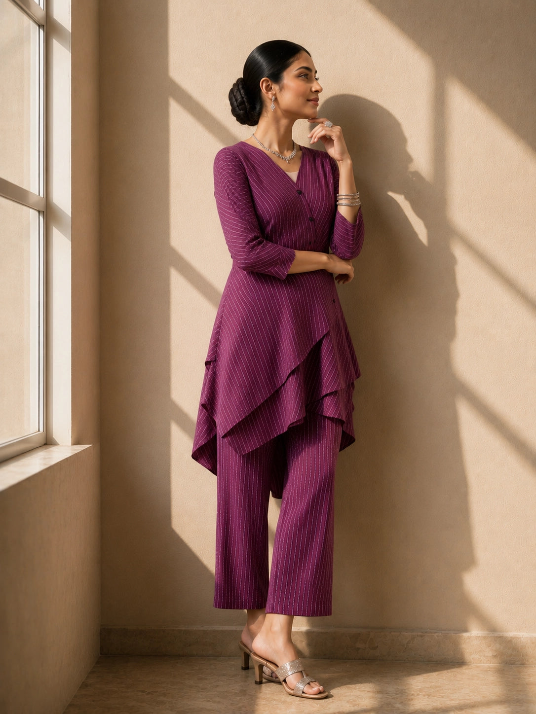 Woman wearing a purple striped V-neck top with layered hem and matching wide-leg pants.