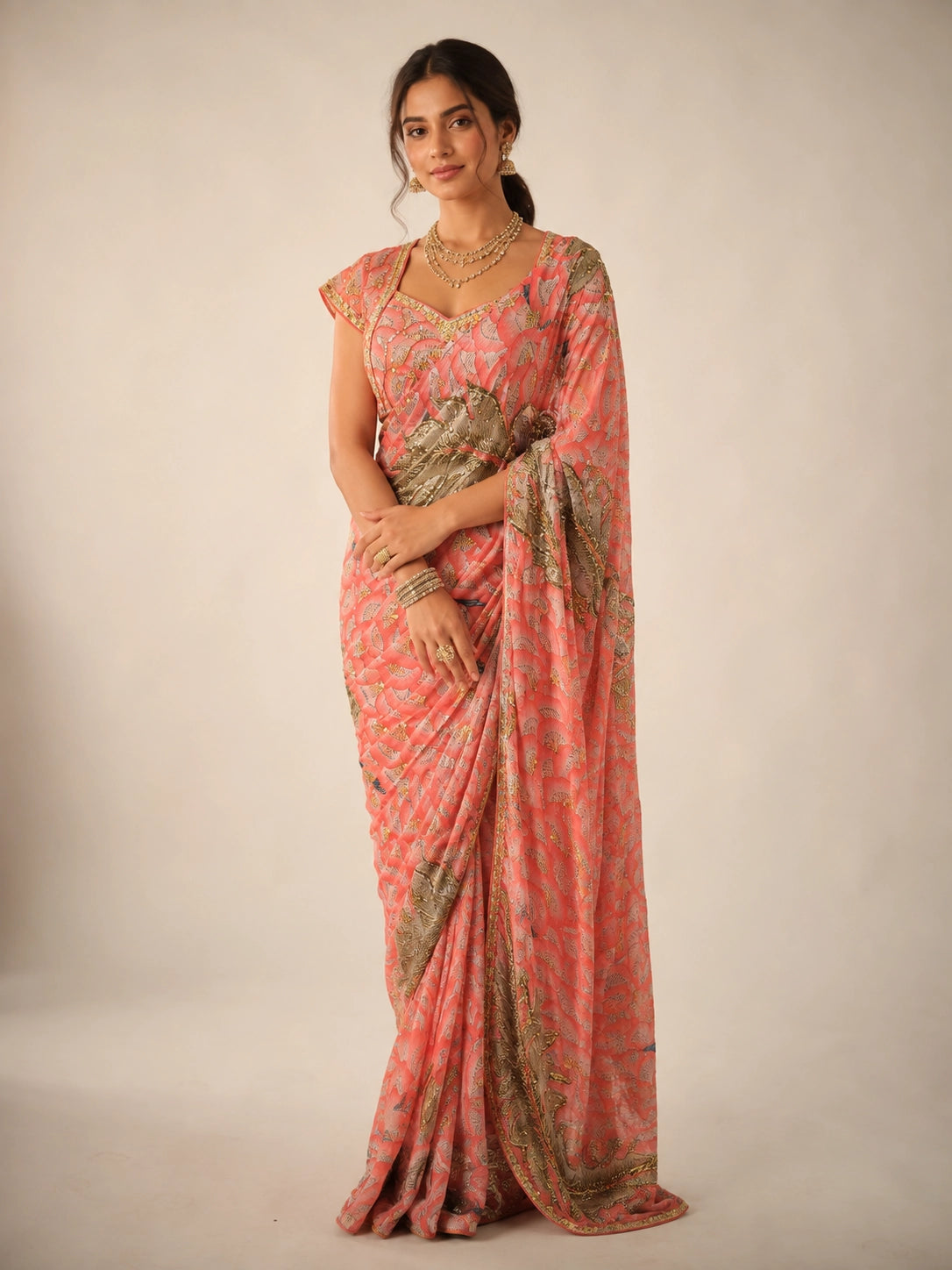Woman in an elegant peach saree with intricate gold embroidery and matching blouse.
