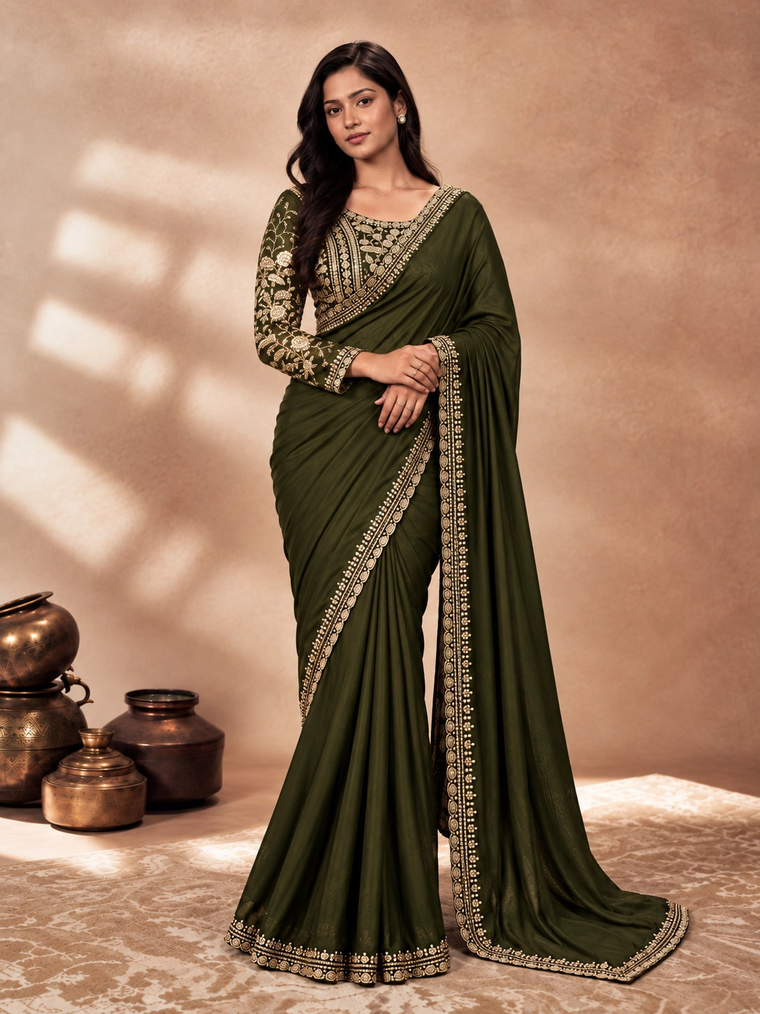 Woman in a flowing mehndi green saree with intricate gold embroidery on blouse and border.