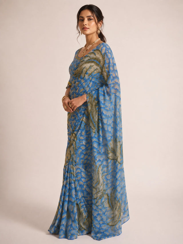 Woman wearing a sky blue  printed saree with olive feather patterns.