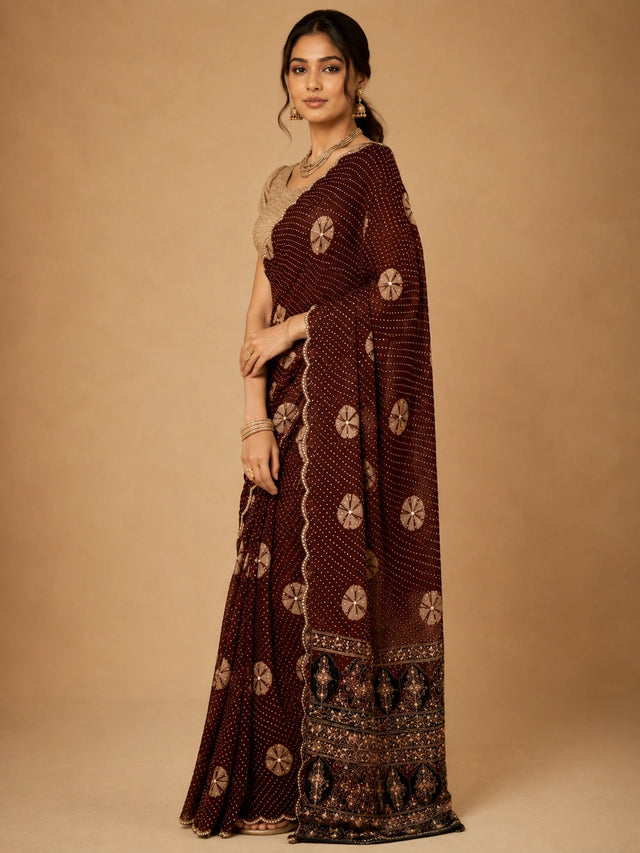 Woman in maroon bandhani saree with golden blouse and traditional jewelry.