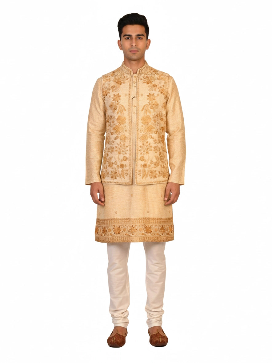 Man wearing a beige embroidered kurta jacket set with golden floral patterns, suitable for festive occasions.