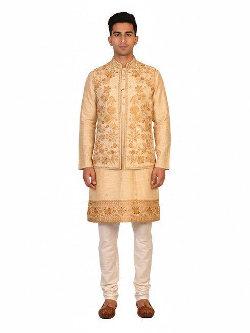 Man wearing a beige embroidered kurta jacket set with golden floral patterns, suitable for festive occasions.
