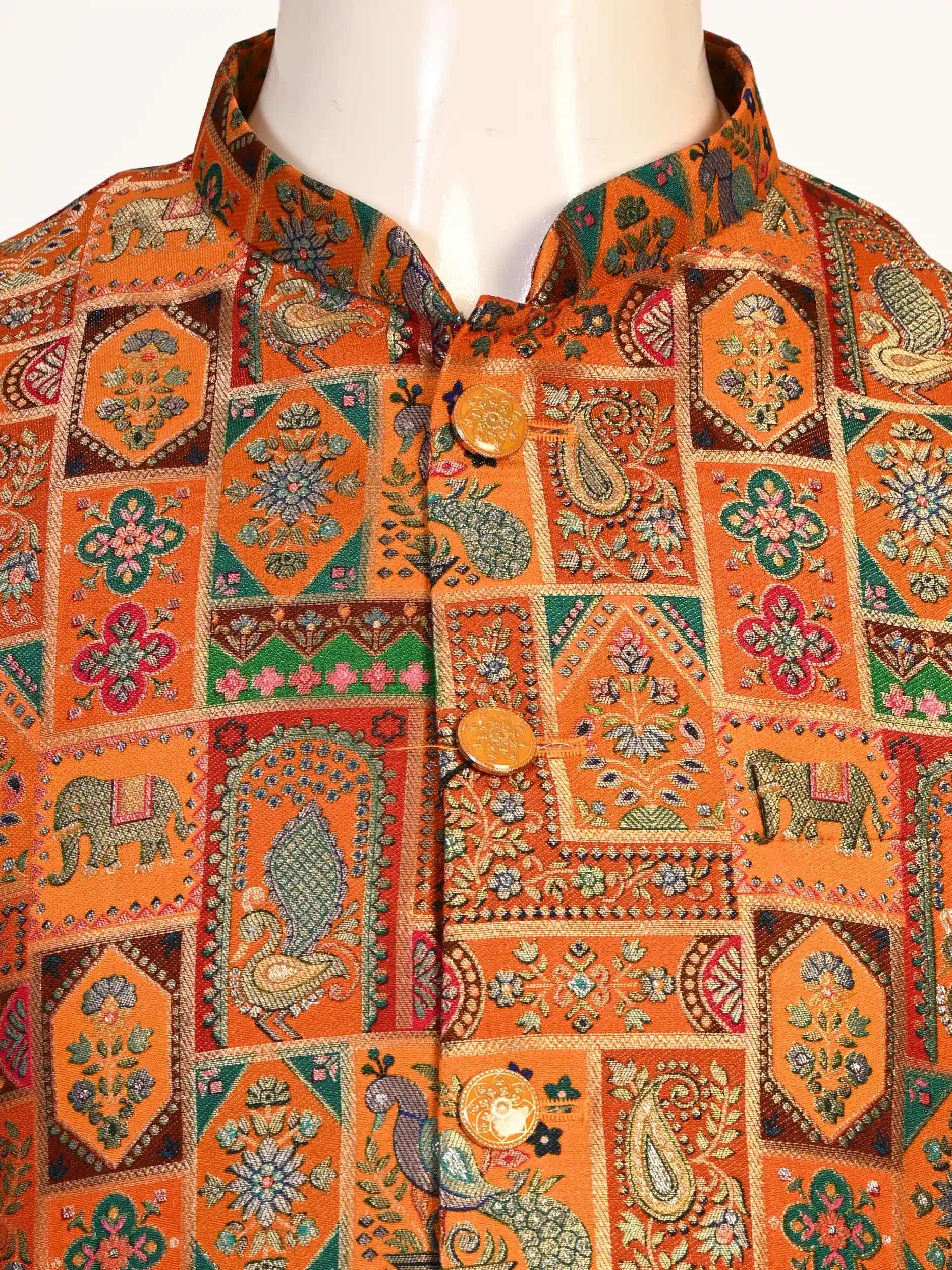 Man wearing a multi-color ethnic Nehru jacket over a cream kurta and pants, suitable for festive occasions.