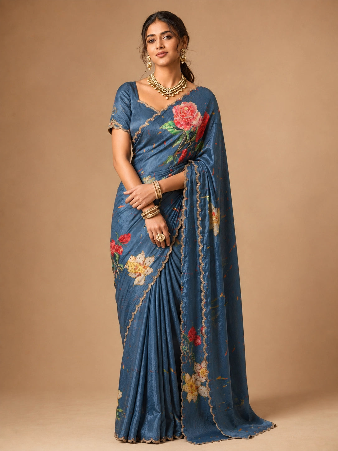 Woman wearing an elegant SKY blue  floral printed saree with a scalloped border.