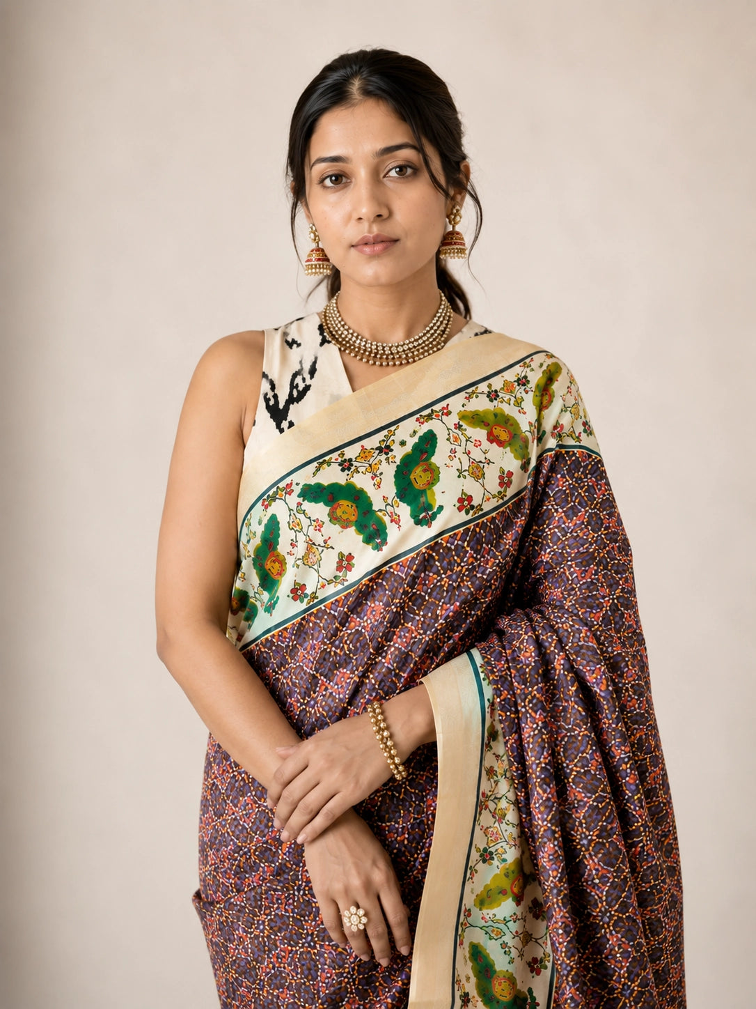 Woman in a purple  saree with intricate bird and floral patterns on pallu.