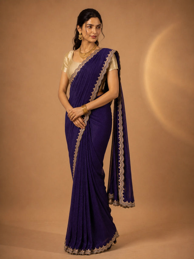 Woman wearing a vibrant purple pleated saree with an embellished border and a golden blouse.