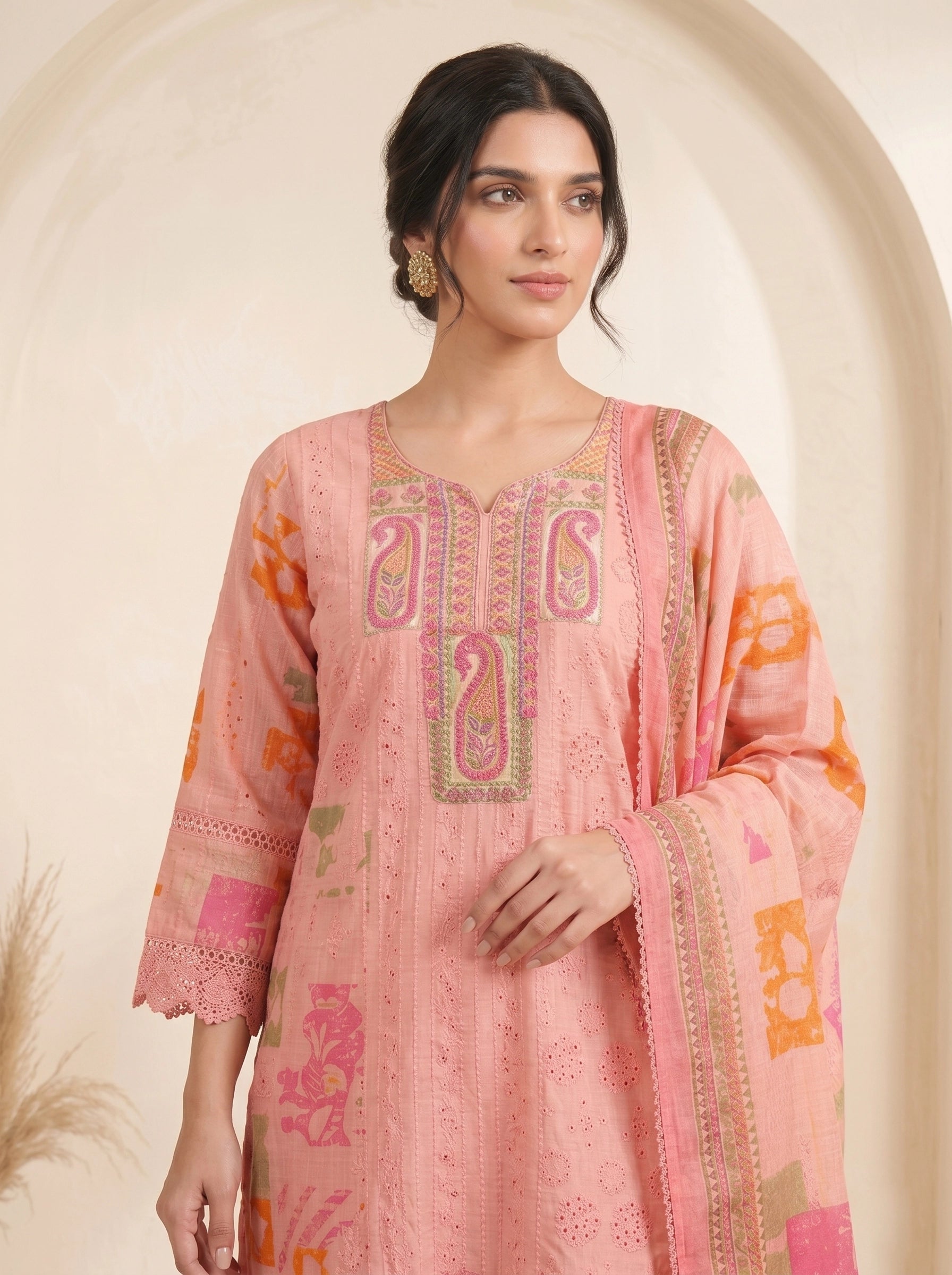 Woman wearing a pink printed cotton kurti set with palazzo pants and a dupatta, featuring eyelet details and block prints.