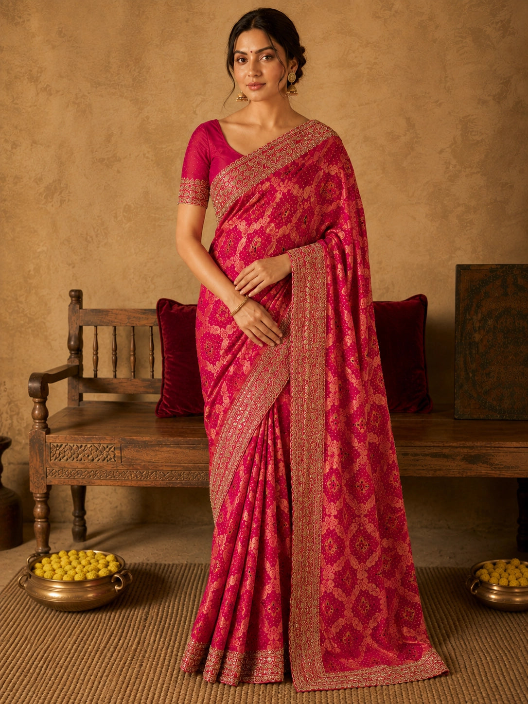 Elegant woman wearing a vibrant Rani Pink S3 saree with detailed gold zari work.
