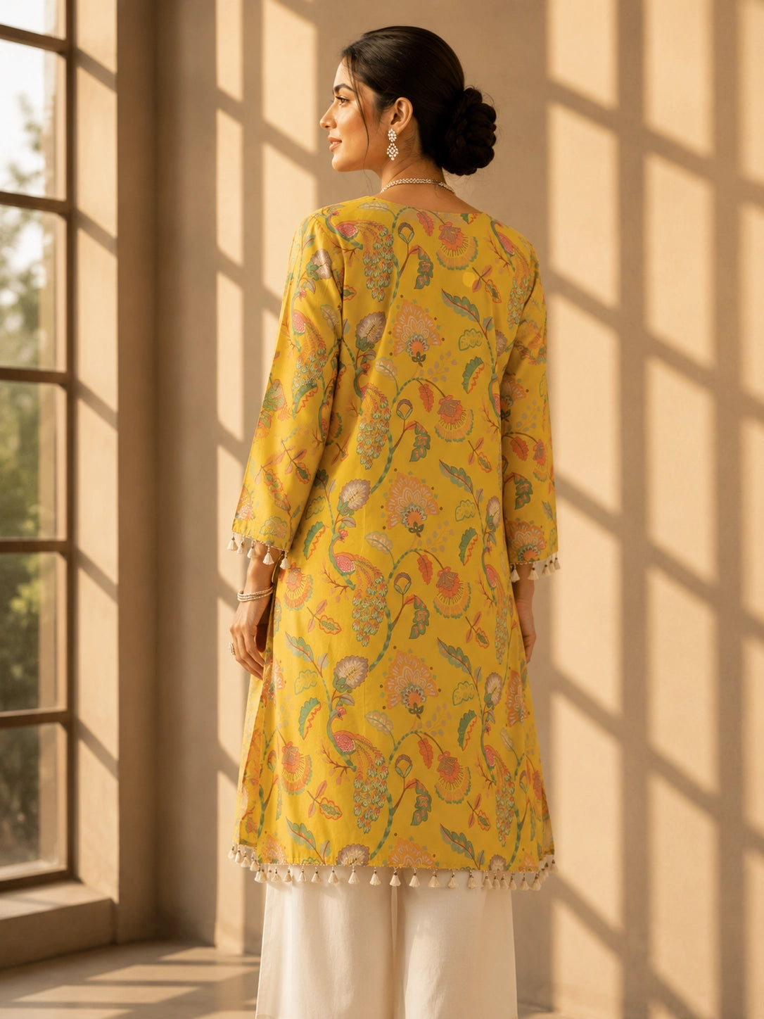 Woman wearing a vibrant yellow floral kurti with intricate embroidered V-neck and tassels.