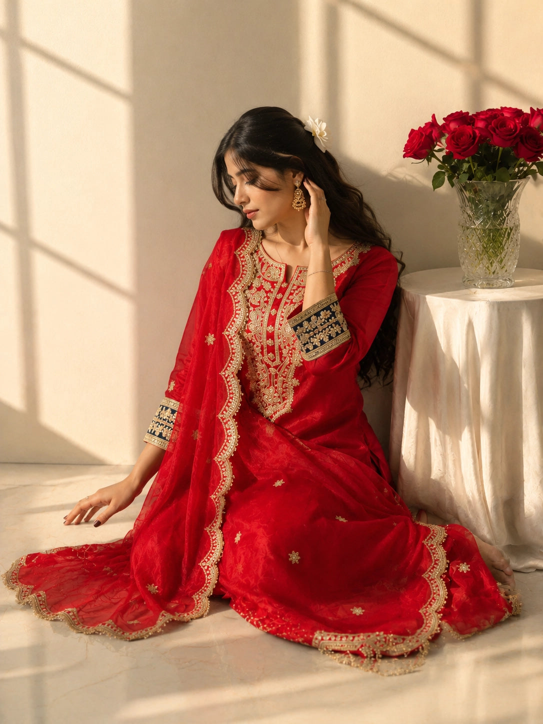 Woman wearing a vibrant red Anarkali suit with intricate gold embroidery and sheer dupatta.