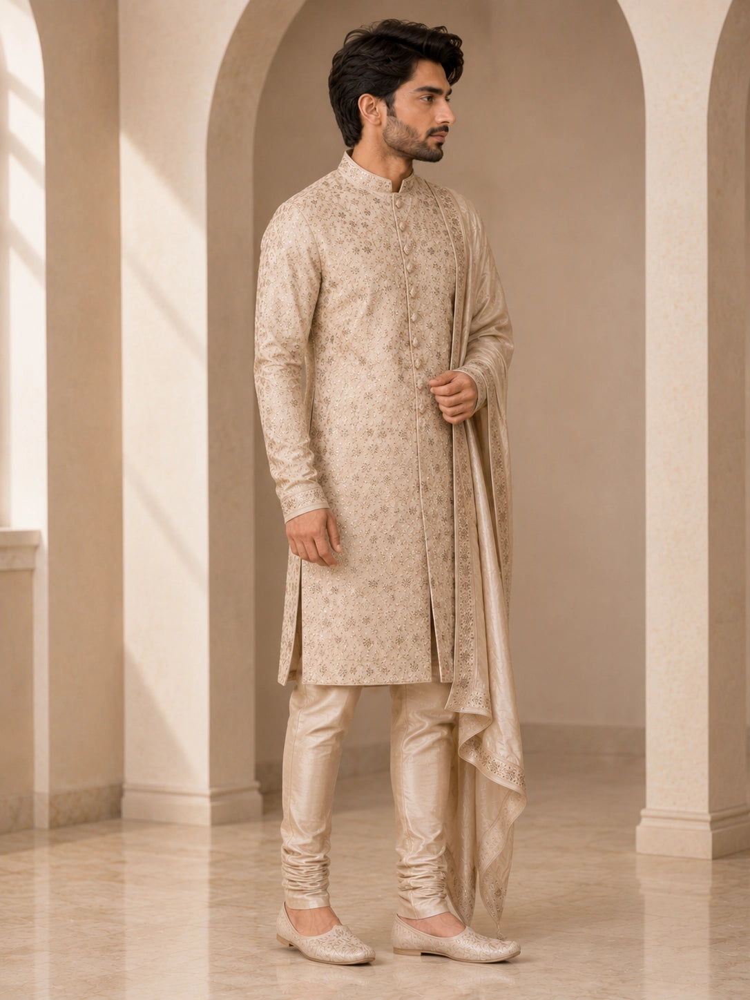 Elegant rose pink embroidered sherwani for men, perfect for weddings and festive occasions.