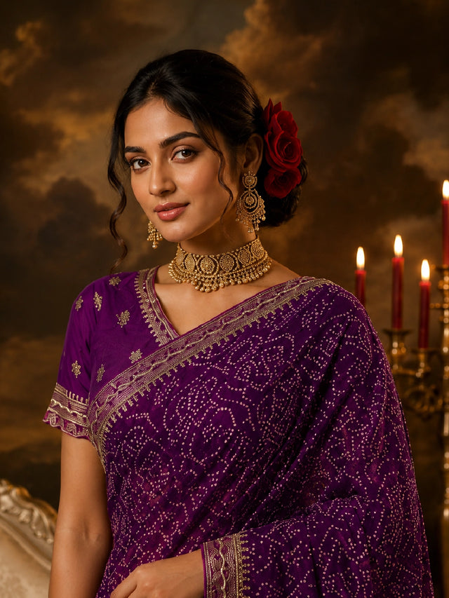 Woman in a vibrant purple Bandhani saree with gold borders and a matching embroidered blouse.