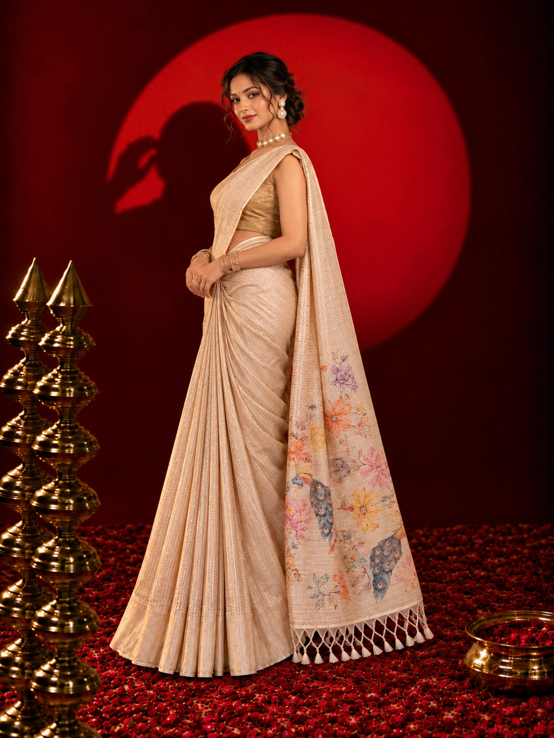 Woman in an elegant beige saree with floral and peacock pallu design.