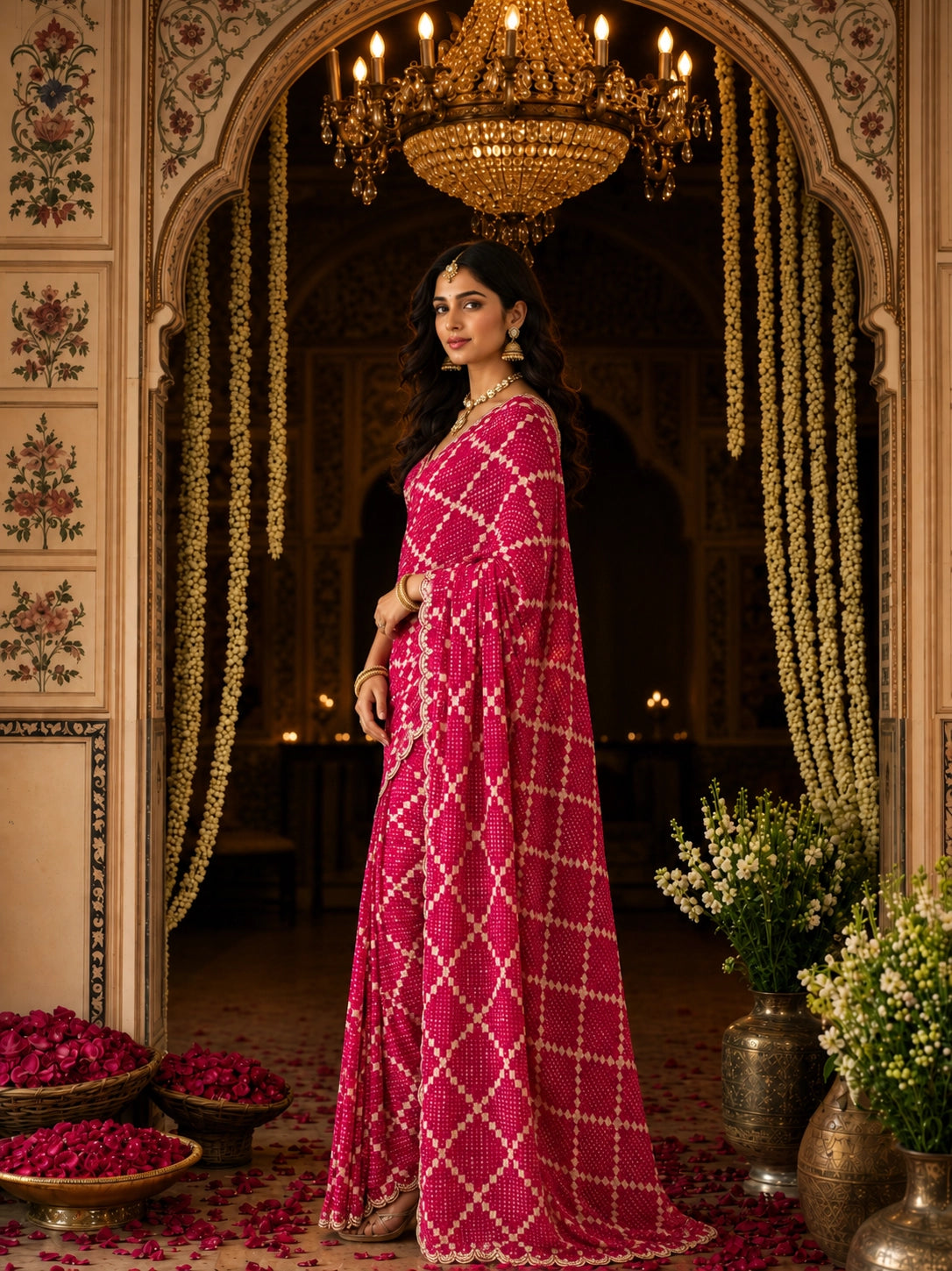 Woman in a vibrant RANI  bandhani saree with a delicate scalloped border.