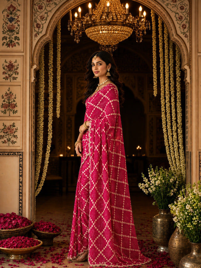 Woman in a vibrant RANI  bandhani saree with a delicate scalloped border.