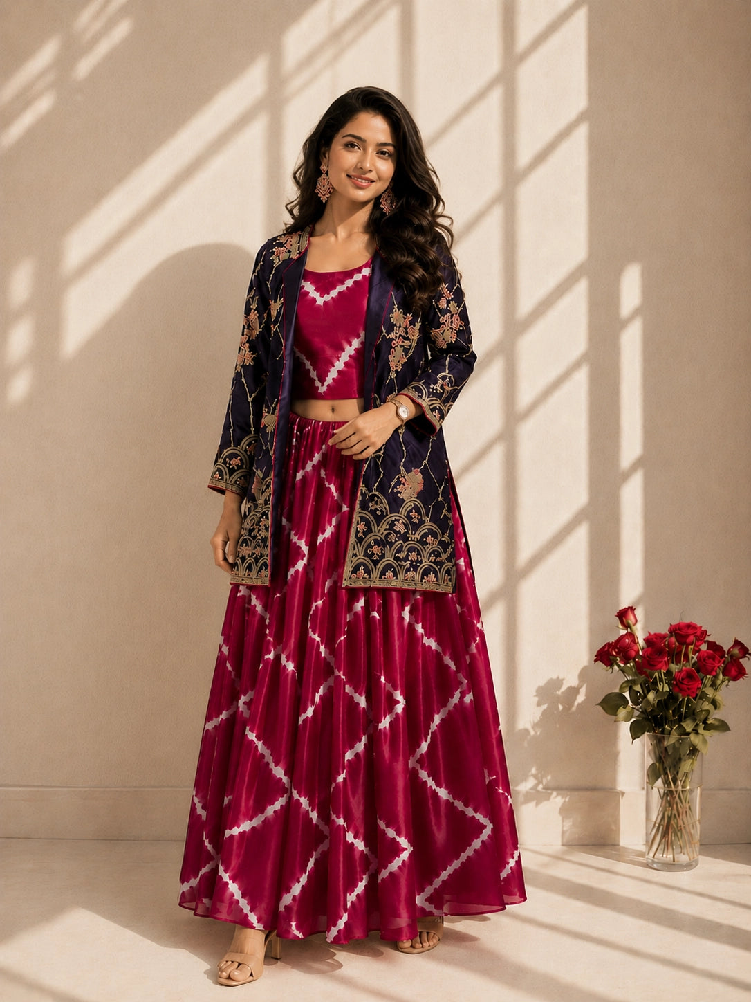 Elegant woman wearing a blue embroidered jacket with a pink tie-dye kurti set.