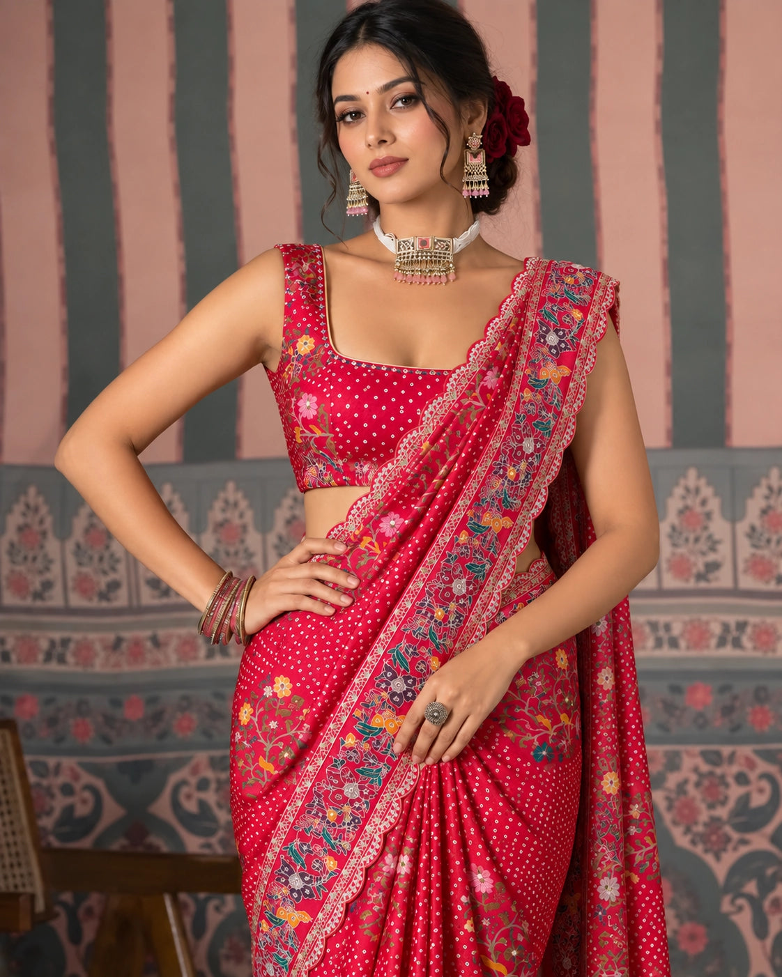 Woman in a vibrant red  saree with intricate floral embroidery and polka dot pattern.