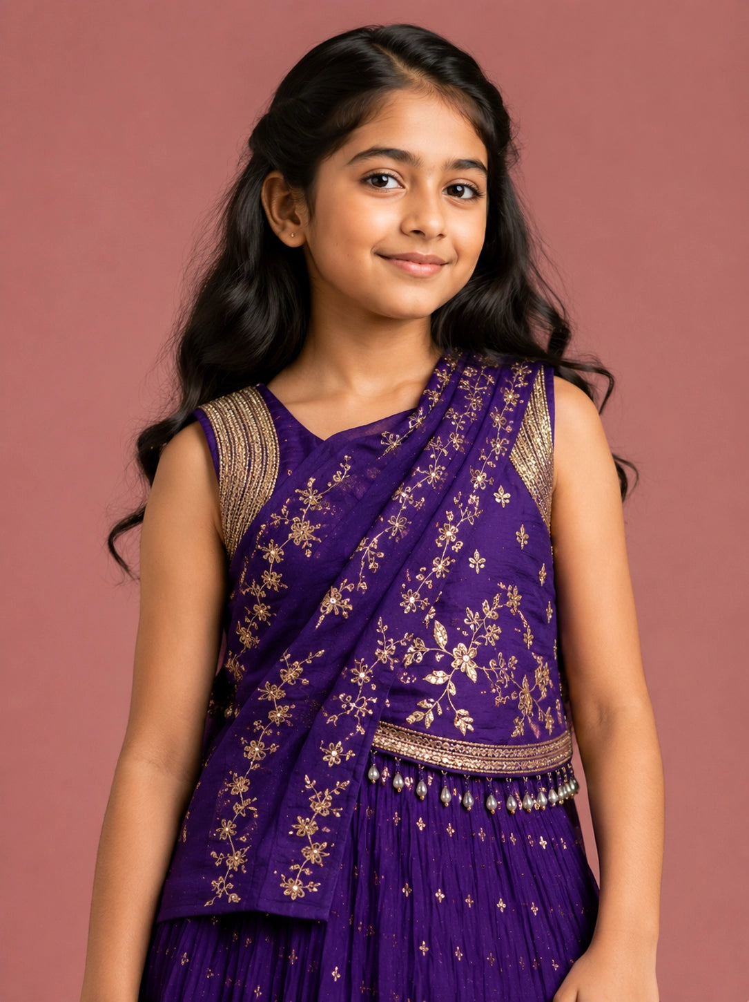 Young girl wearing a vibrant purple lehenga choli with intricate gold embroidery.